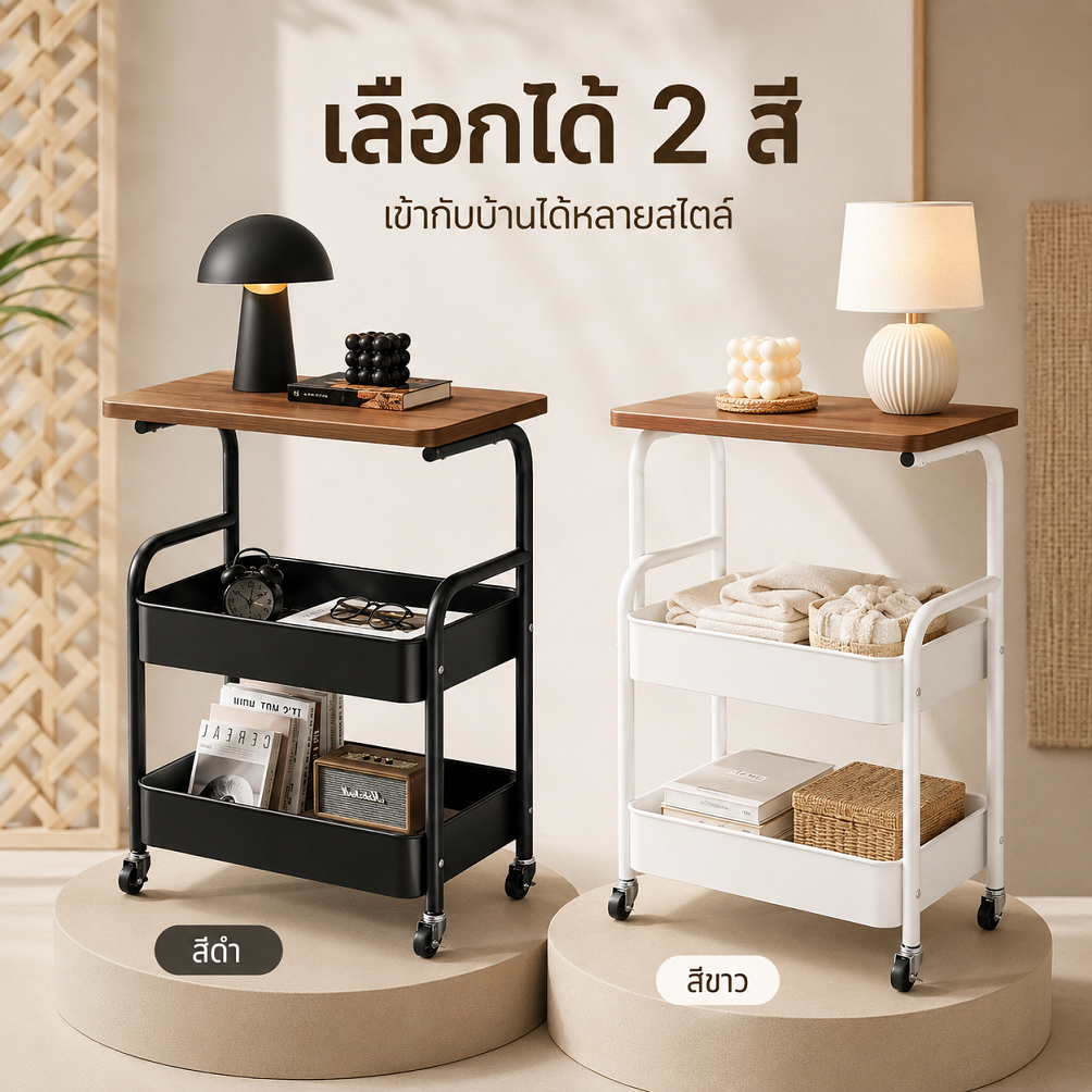 รถเข็นเก็บของ 2 ชั้น พร้อมท็อปไม้ มีล้อเลื่อน ใช้เป็นโต๊ะข้างเตียงและโซฟา ชั้นวางอเนกประสงค์สำหรับบ้านและออฟฟิศ
