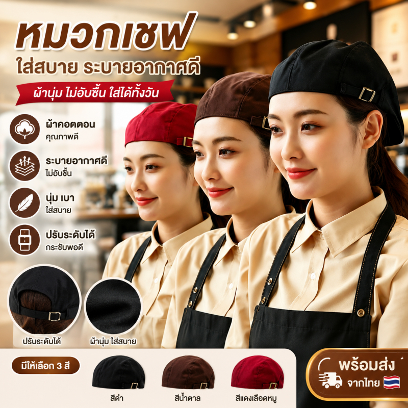หมวกเชฟสีดำ ปรับขนาดได้ หมวกทำอาหาร สำหรับเชฟ พ่อครัว ร้านอาหาร คาเฟ่ เบเกอรี่ อุปกรณ์ครัว คุณภาพดี
