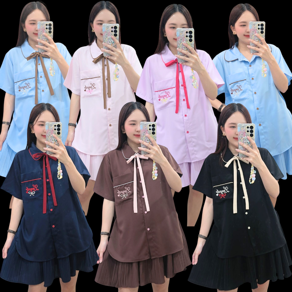 Longdopaws : Ribbon set ชุดเซ็ทเสื้อ+กระโปรงอัดพลีท มีซับใน ผ้านิ่มลื่น ใส่สบาย ปักที่กระเป๋า มี6สี