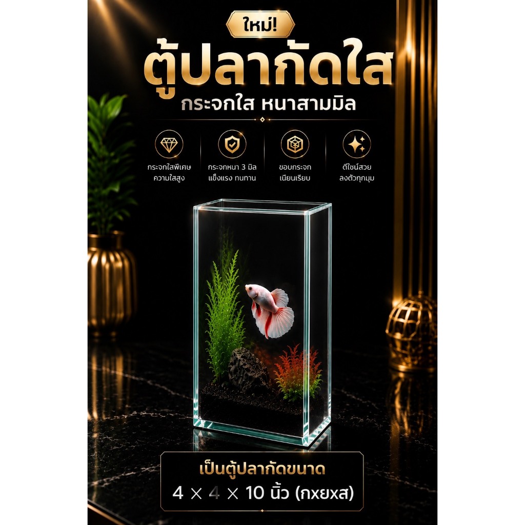 โหลปลากัดขนาด 4x4x10 นิ้ว กระจกหนา 3 มิล