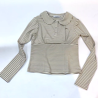 Poppy top - เสื้อคอบัวแขนยาวลายริ้ ผ้าเนื้อหนานุ่ม แต่งอะไหล่ (ป๊อปปี้)