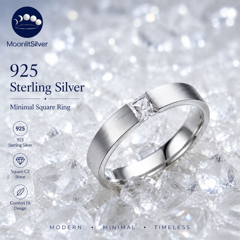 MoonlitSilver แหวนเงินแท้ 925 มินิมอล ฝัง CZ ทรงสี่เหลี่ยม สำหรับชายหญิง พร้อมกล่องของขวัญฟรี