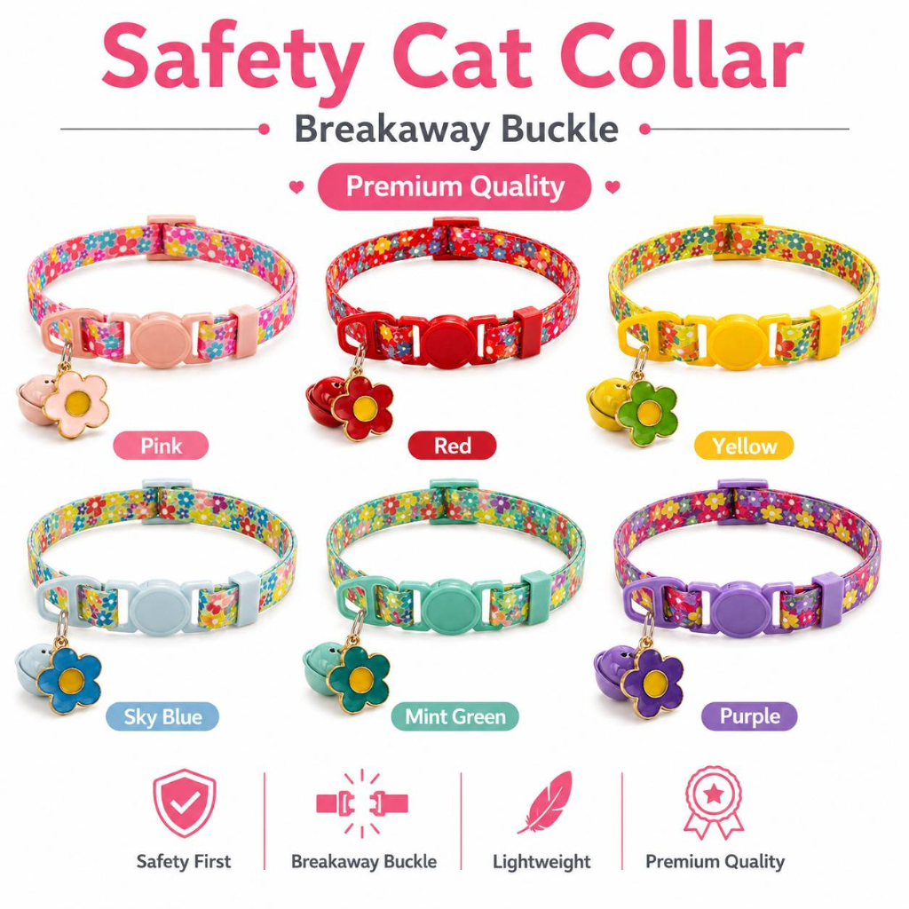 ปลอกคอแมวนิรภัย ปลอกคอแมว Safety Breakaway กระชากแล้วหลุดเอง มีกระดิ่งและจี้ดอกไม้ ปรับได้ 19–32 ซม. กว้าง 1 ซม. มี 6 สี