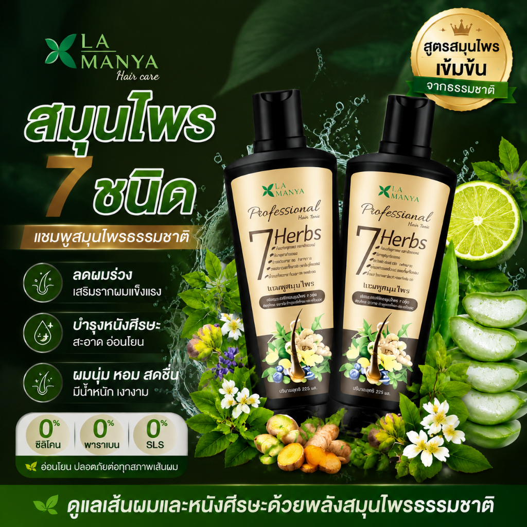 แชมพูจากพืชธรรมชาติ  สมุนไพรสด7ชนิด Shampoo 7 Herbs Hair Tonic Shampoo 225ml