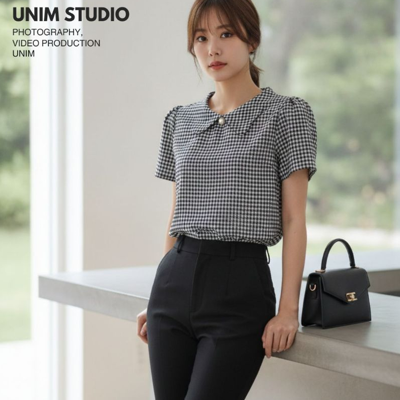 Unim เสื้อปกเชิ๊ตมุก สก็อตขาวดำผ้าไหมอิตาลี