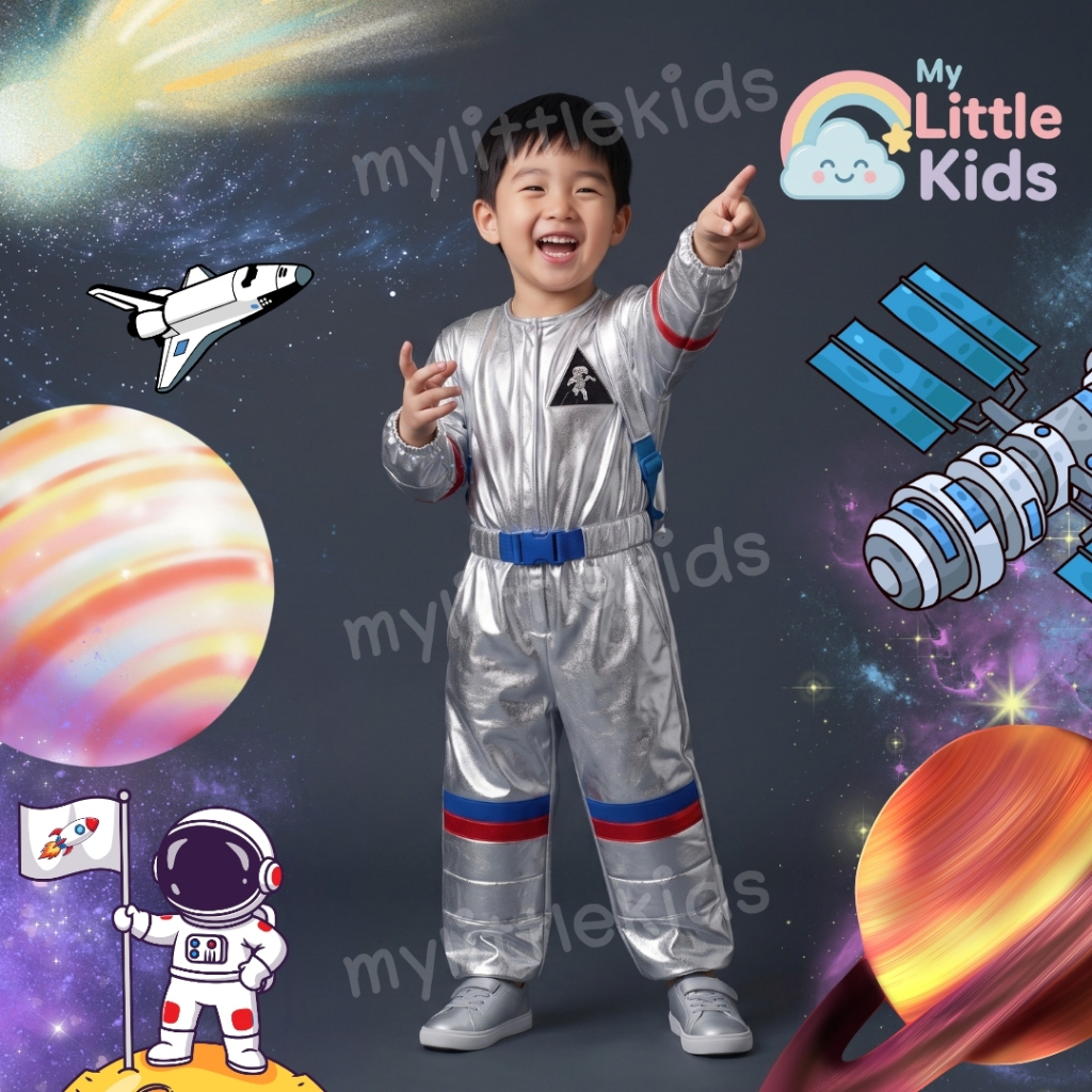 Silver Astronaut Fancy Costume ชุดนักบินอวกาศเด็ก สีเงิน ชุดแฟนซีอวกาศ สีเงิน จั๊มสูทชุดอาชีพ วันเด็ก งานโรงเรียน