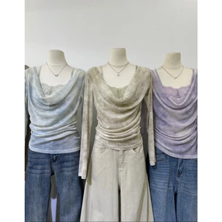 B713 | เสื้อคอเดรปแขนยาว + สายเดี่ยวลูกไม้ในตัว เสื้อทรงเข้ารูป คอเดรปทิ้งตัวเป็นชั้นๆ ช่วยให้ช่วงค
