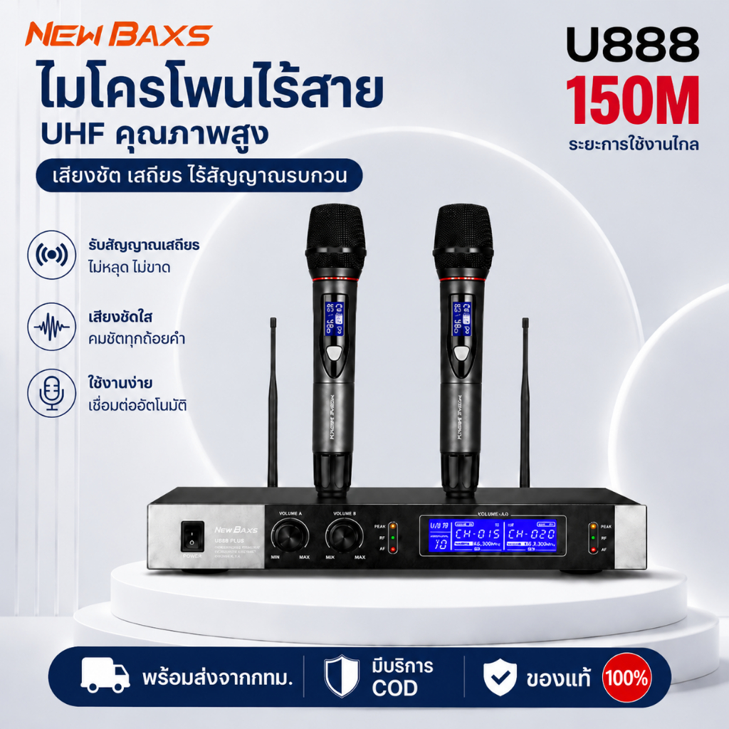 NEW BAXS U888 PLUS ไมโครโฟนไร้สายคู่ 80 M UHF จอ LCD เสียงชัด กันสัญญาณรบกวน เหมาะงานเวที กลางแจ้ง K