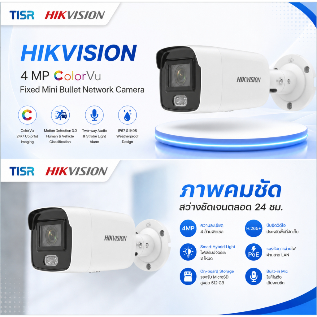กล้องวงจรปิด HIKVISION 4MP H265+ ColorVu Bullet 2.8mm (2CD1047G2H-LIU)