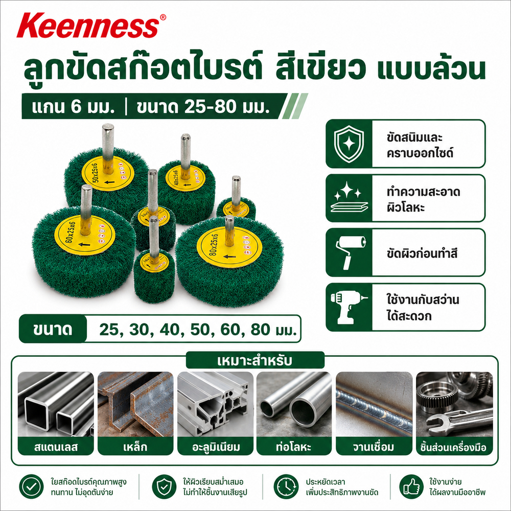 Keenness ลูกขัดสก๊อตไบรต์ สีเขียว แบบล้วน แกน 6 มม. ขนาด 25-80 มม. ขัดลบรอยสนิม ทำความสะอาดผิวโลหะ งานเนียนสวย