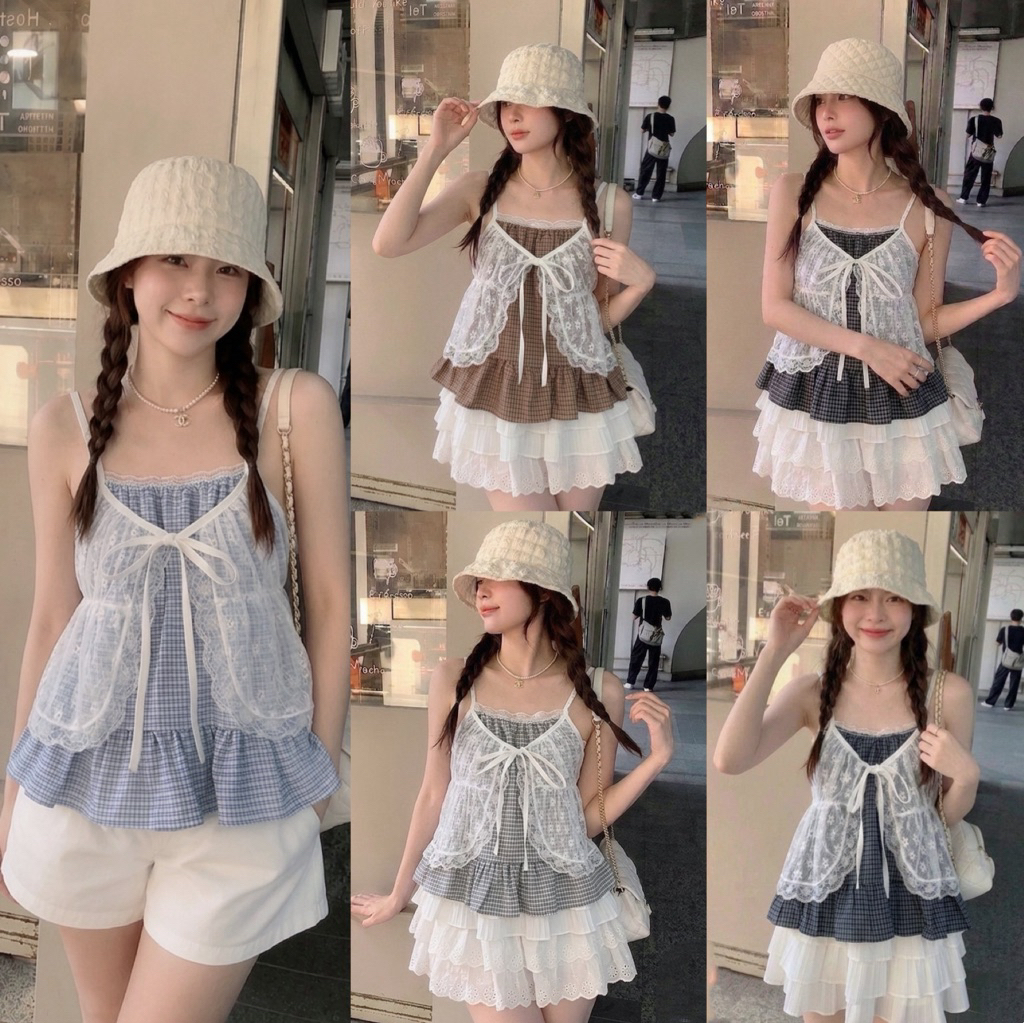 (อก30-42) เสื้อสายเดี่ยวดีเทลหวานละมุน แต่งผ้ามุ้งลายดอกไม้ เลเยอร์2ชั้น ผูกโบว์น่ารัก สาวอวบใส่ด้านอกถึง 42 นิ้ว