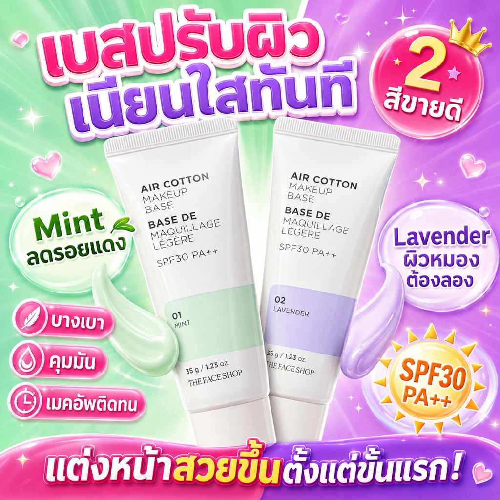 (มีส่งด่วน) The Face Shop Air Cotton Base 35g เมคอัพเบสเกาหลี ปรับสีผิวกระจ่างใส เบลอรูขุม