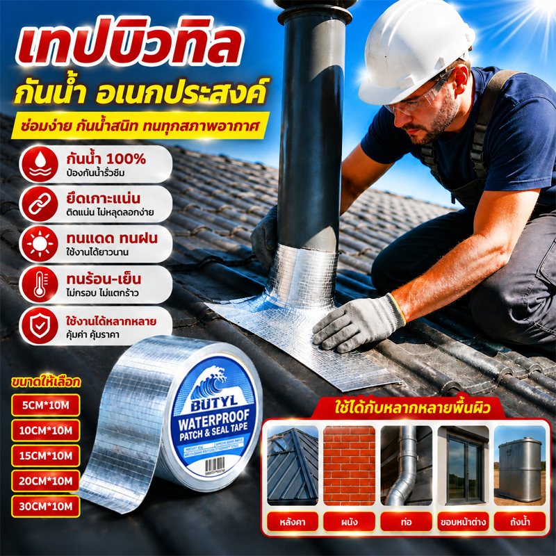เทปกันน้ำ เทปกาวกันน้ํารั่วซึม เทปบิวทิล กันซึม กันรั่ว หลังคา ท่อน้ำ ติดแน่น ทนทาน แข็งแรง ใช้ได้ทุกพื้นผิว