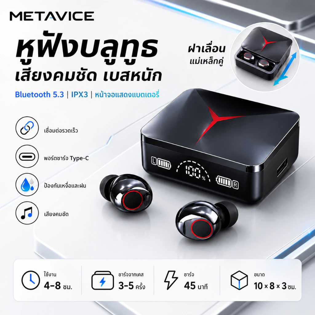 Metavice หูฟังเกมมิ่งไร้สาย Bluetooth ENC Low Latency เสียง HiFi Stereo พร้อมจอ LED Touch Control ME035