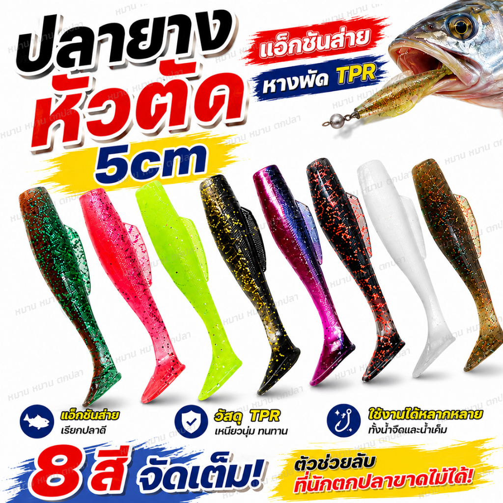 ปลายางหัวตัด 5cm 1g เหยื่อยางตกปลา เหยื่อปลอม หางพัด สำหรับตกปลา