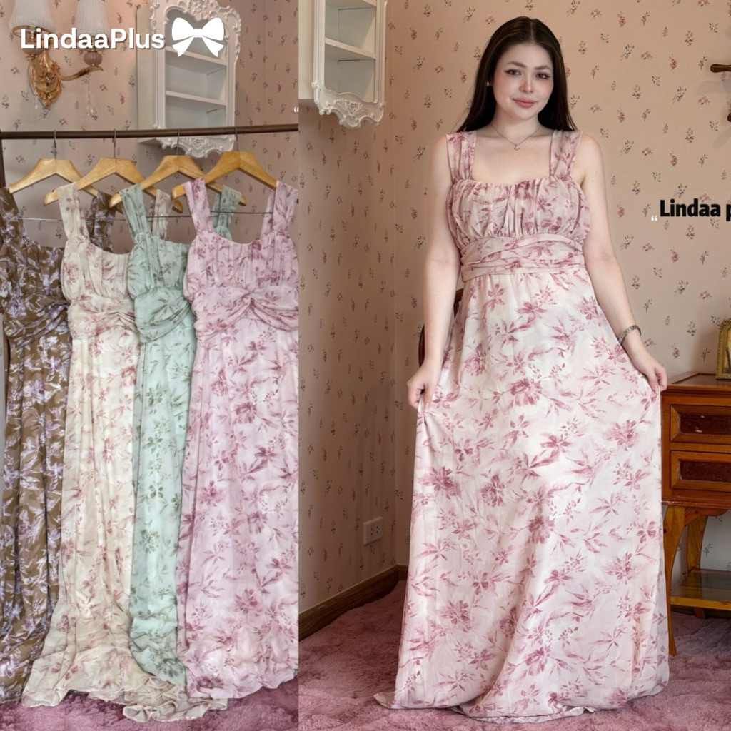 LindaaPlus-- ชุดเดรสออกงาน “𝑳𝒂𝒖𝒓𝒂” ผ้าซีฟองพิมพ์ลายเนื้อดี นิ่มใส่สบาย ด้านในใส่ซับทั้งตัว ใส่ออกงาน ชุดเพื่อนเจ้าสาว
