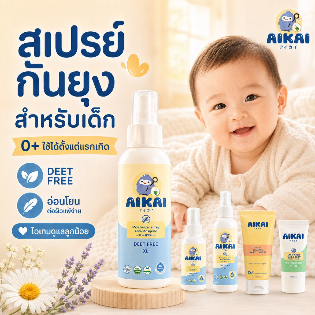 AIKAI สเปรย์กันยุงออร์แกนิกสำหรับเด็ก อ่อนโยน ซึมไว ไม่เหนอะหนะ No Deet