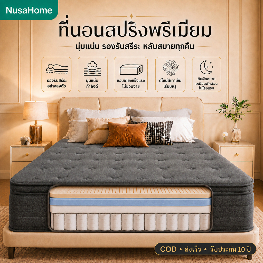 NusaHome ที่นอนหนา12นิ้ว เมมโมรี่คาร์บอนไผ่+สปริงเงียบไม่ส่งเสียง ระบายอากาศ ไม่ร้อน รับประกัน10ปี แถมหมอน