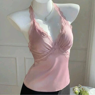 พร้อม​ส่ง​ 🍒🌈​ เสื้อ​คล้อง​คอ​ แต่งลูกไม้​ คอวี​ เข้ารูป​ ผูกคอ​ เปิด​หลัง​ สี​เขียว​