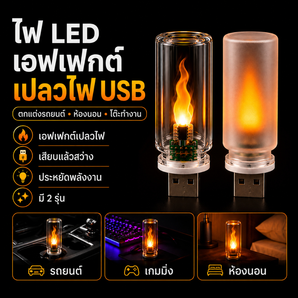 USB LEDไฟประดับรูปเปลวไฟ สำหรับตกแต่งกลางคืน โคมไฟแก้วไดนามิกรูปเปลวไฟ เสียบUSBสำห ไฟกลางคืนแบบพกพา USBไฟกลางคืน COD