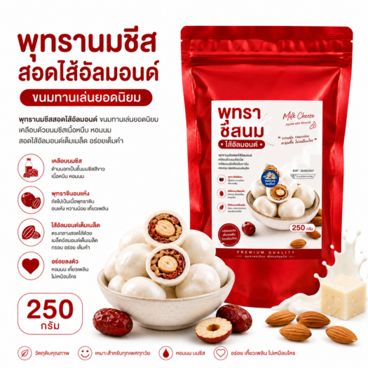 พุทรานมชีสสอดไส้อัลมอนด์ หอม ฟู อร่อย 1ถุงX250กรัม สินค้าพร้อมส่ง