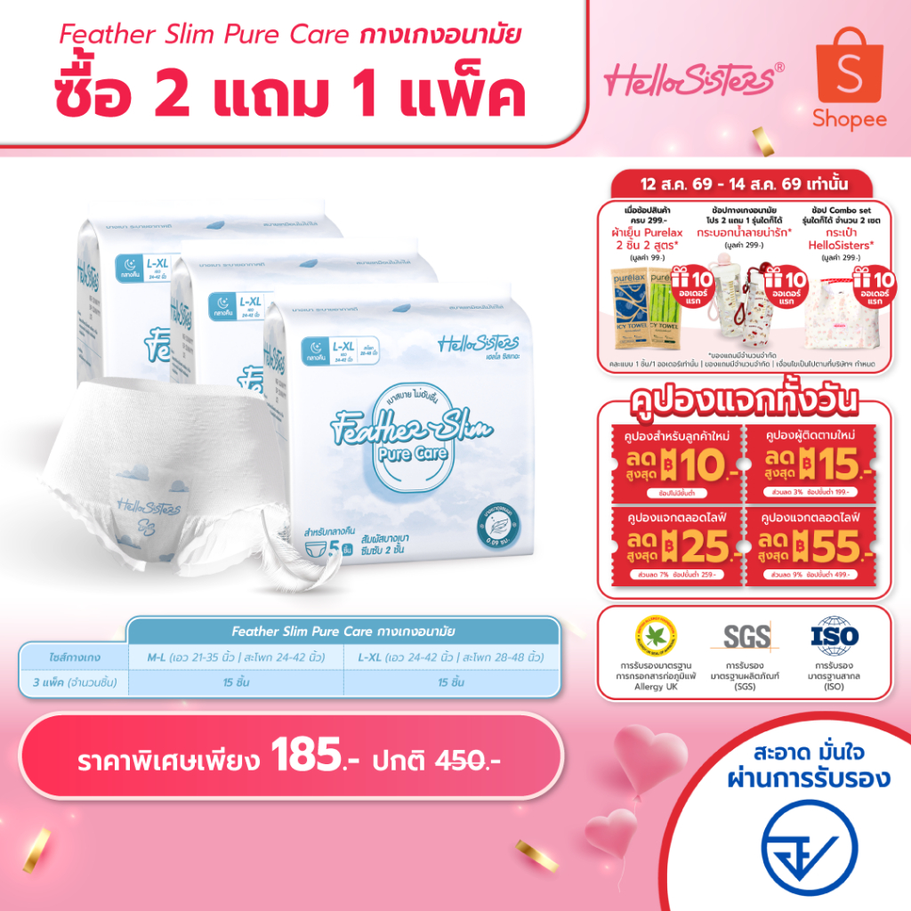 [เลือกไซส์เลย] ซื้อ 2 แถม 1 Feather Slim Pure Care HelloSisters เฮลโล ซิสเทอะ ผ้าอนามัยแบบกางเกง M-L / L-XL จำนวน 15 ชิ้
