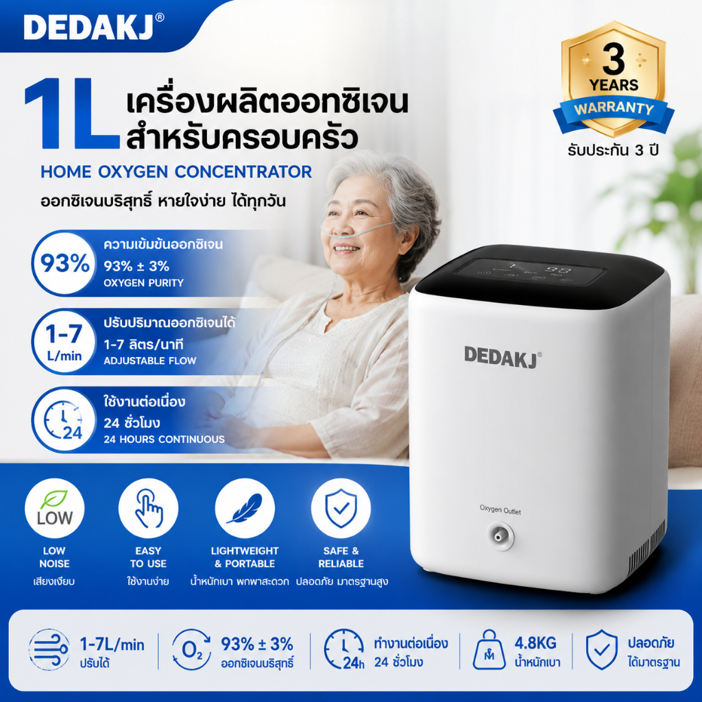 DEDAKJ DH22-C1L เครื่องผลิตออกซิเจนสำหรับผู้สูงอายุ ใช้ในบ้าน 93% Oxygen Purity ปรับระดับ 1-7L เสียงเงียบ ระบบอัจฉริยะ