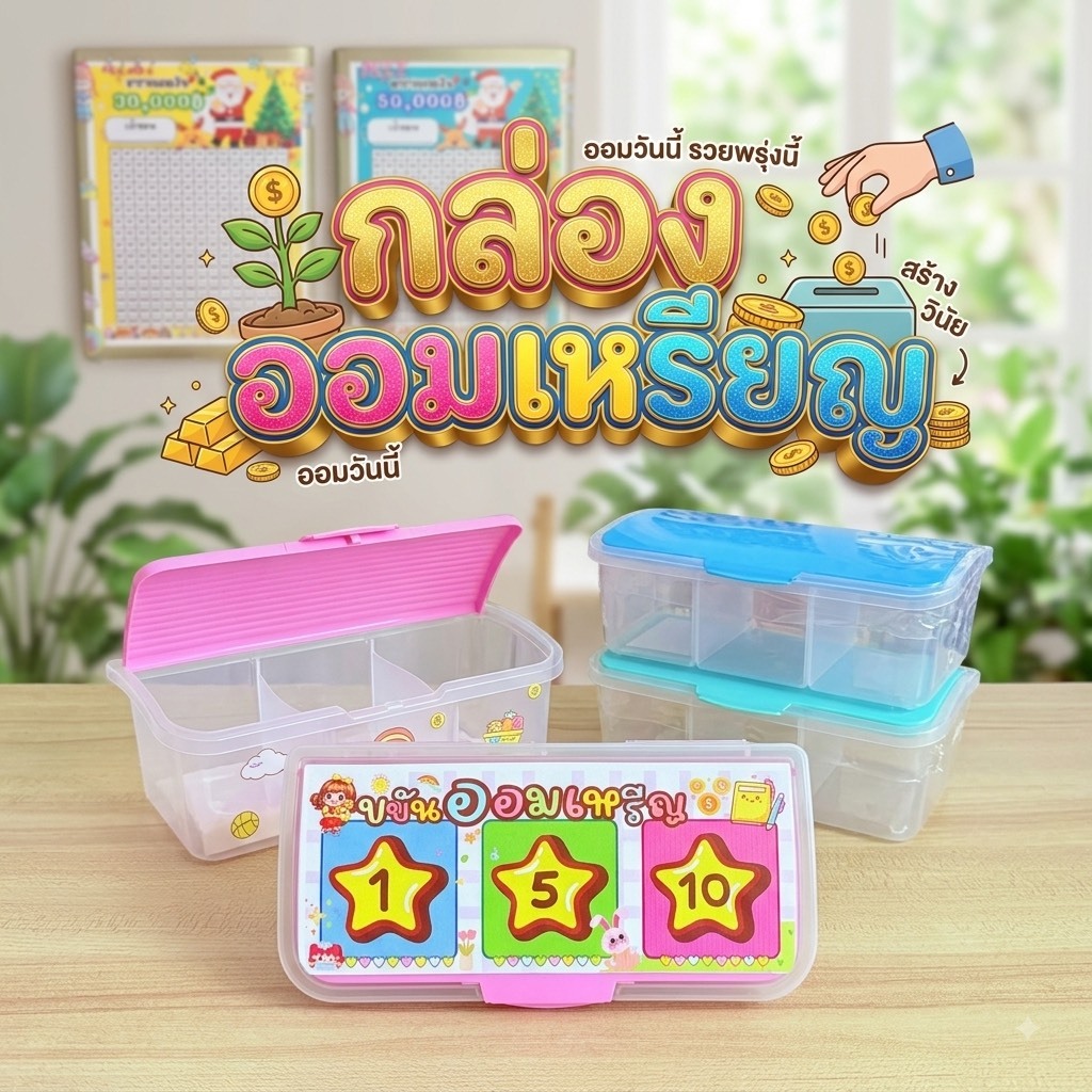 กล่องออมเหรียญ ขนาด 22x11x7cm พร้อมตารางออม สติ๊กเกอร์น่ารัก ปากกา