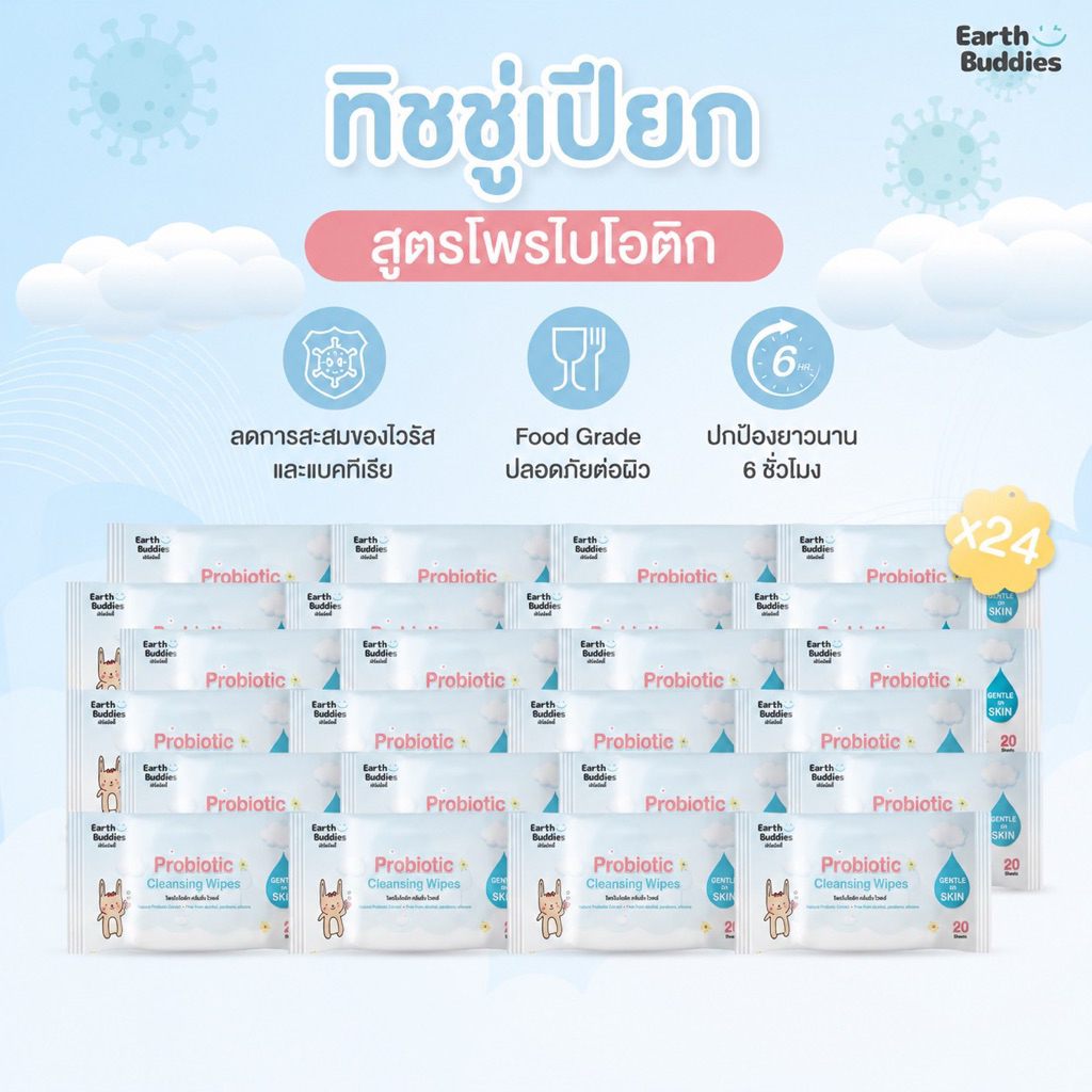 Earth Buddies ทิชชู่เปียก สูตรโพรไบโอติก จำนวน 20 แผ่น