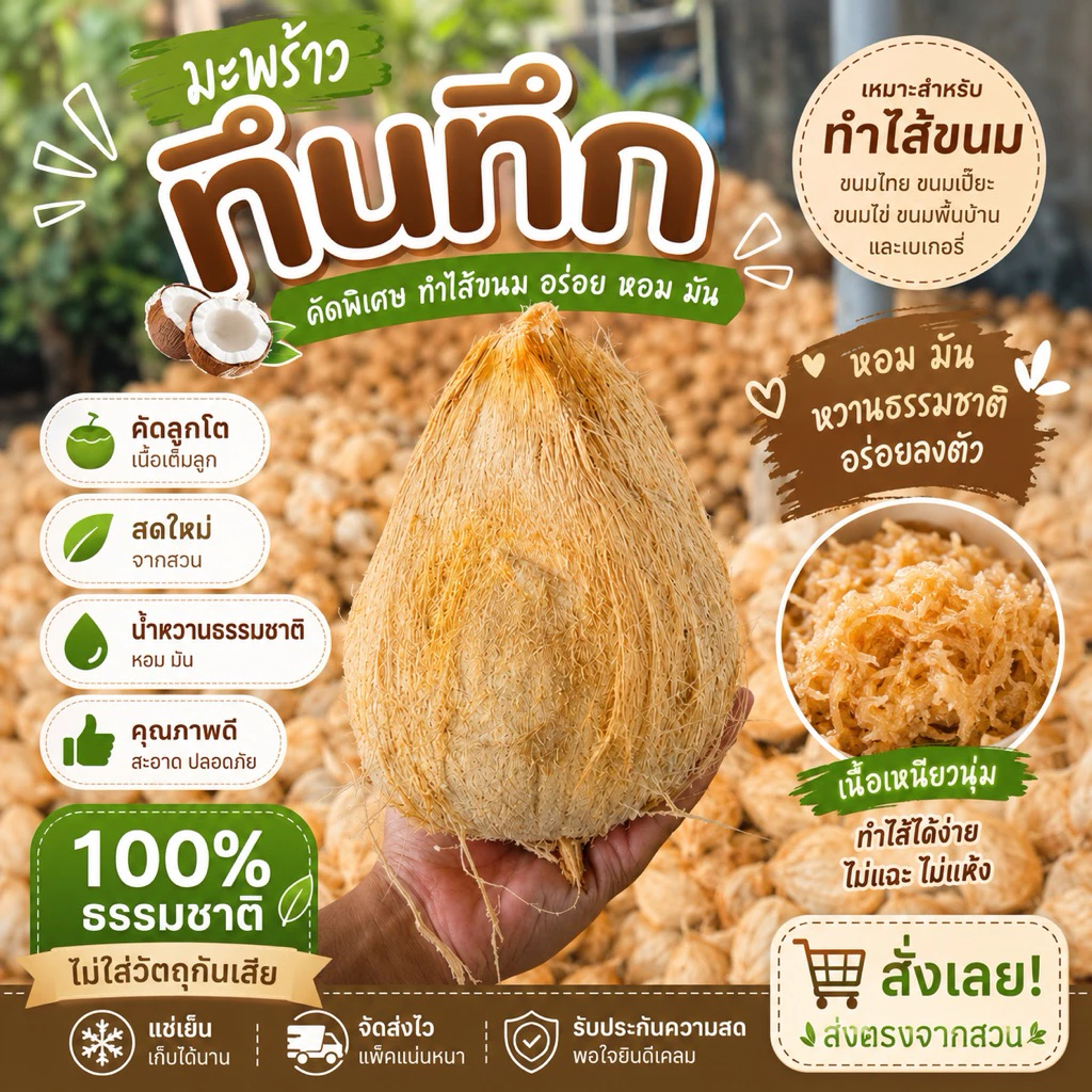 มะพร้าวทึนทึก มะพร้าวทำไส้ขนม มะพร้าวใต้แท้100%
