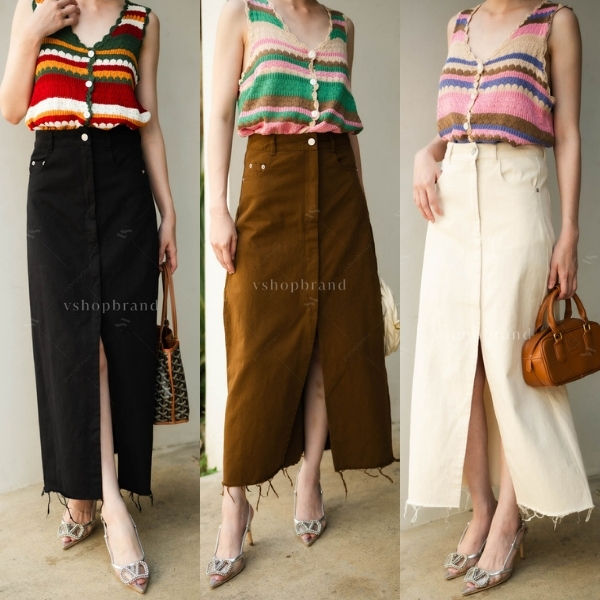 3545-1 กระโปรงยีนส์ผ่าหน้าแต่งชายรุ่ย งานป้าย vshopbrand