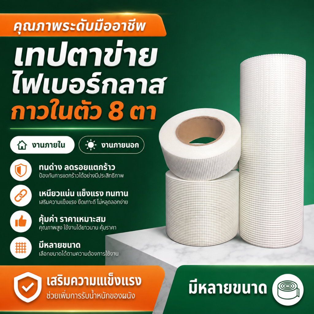 เทปไฟเบอร์กลาสตาข่าย 8 Mesh กาวในตัว ติดแน่น เสริมผนัง ซ่อมรอยแตกร้าวและรอยต่อ 4.5/8 ซม. x 20 ม.