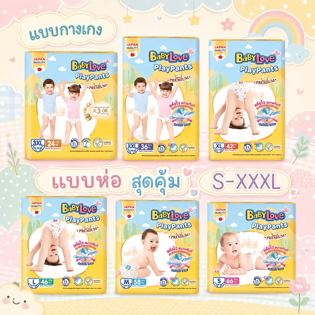 1แพค)Babylove เบบี้เลิฟ กางเกง พรีเมียม รุ่น Play Pants ขอบเอวยืดหยุ่น 2.5 เท่า เพลย์ แพ้นท์ส