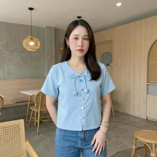 เสื้อผ้าฝ้ายผู้หญิง คอกลม ผูกโบว์ดอกทิวลิป กระดุมสีพาสเทล ผ้าฝ้ายชินมัย ผ้าดีใส่สบาย