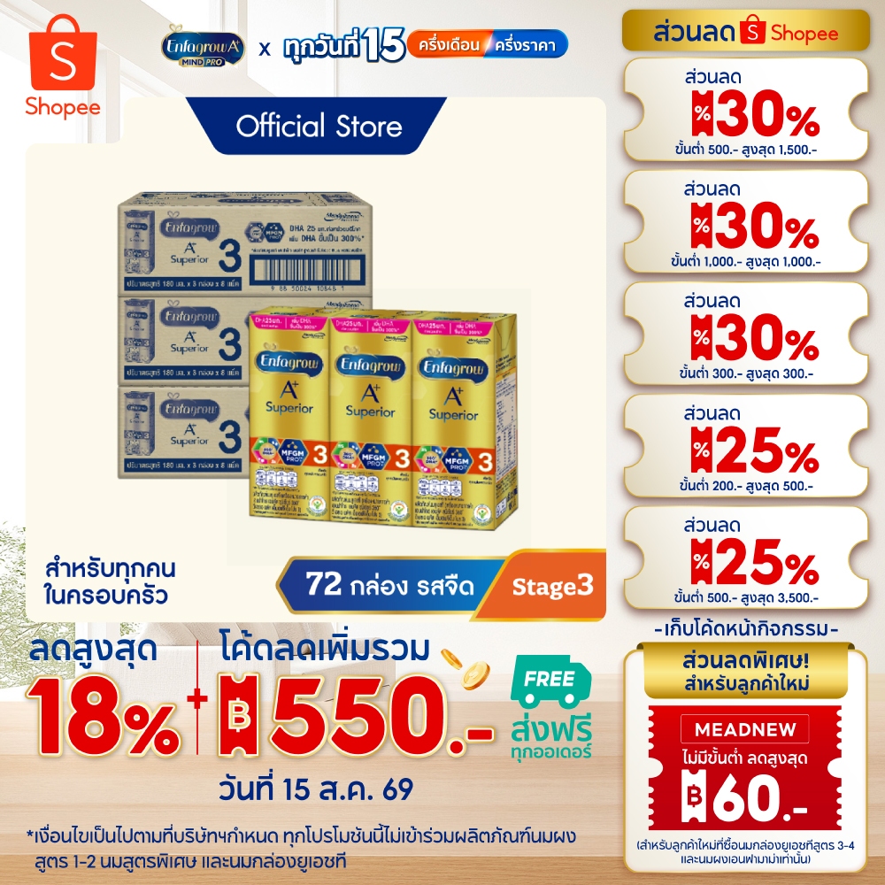 นมกล่อง เอนฟาโกร ยูเอชที ซุพีเรียร์ สูตร3 (24 กล่อง) x3 ลัง Enfagrow UHT Superior Stage3 (24 boxes) x3