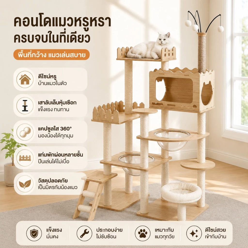 L&Q คอนโดแมว cat tree คอนโดแมวหลากหลายฟังก์ชัน สูง 170cm โครงสร้างมั่นคง แข็งแรง สำหรับบ้านที่มีแมว 1–5 ตัว
