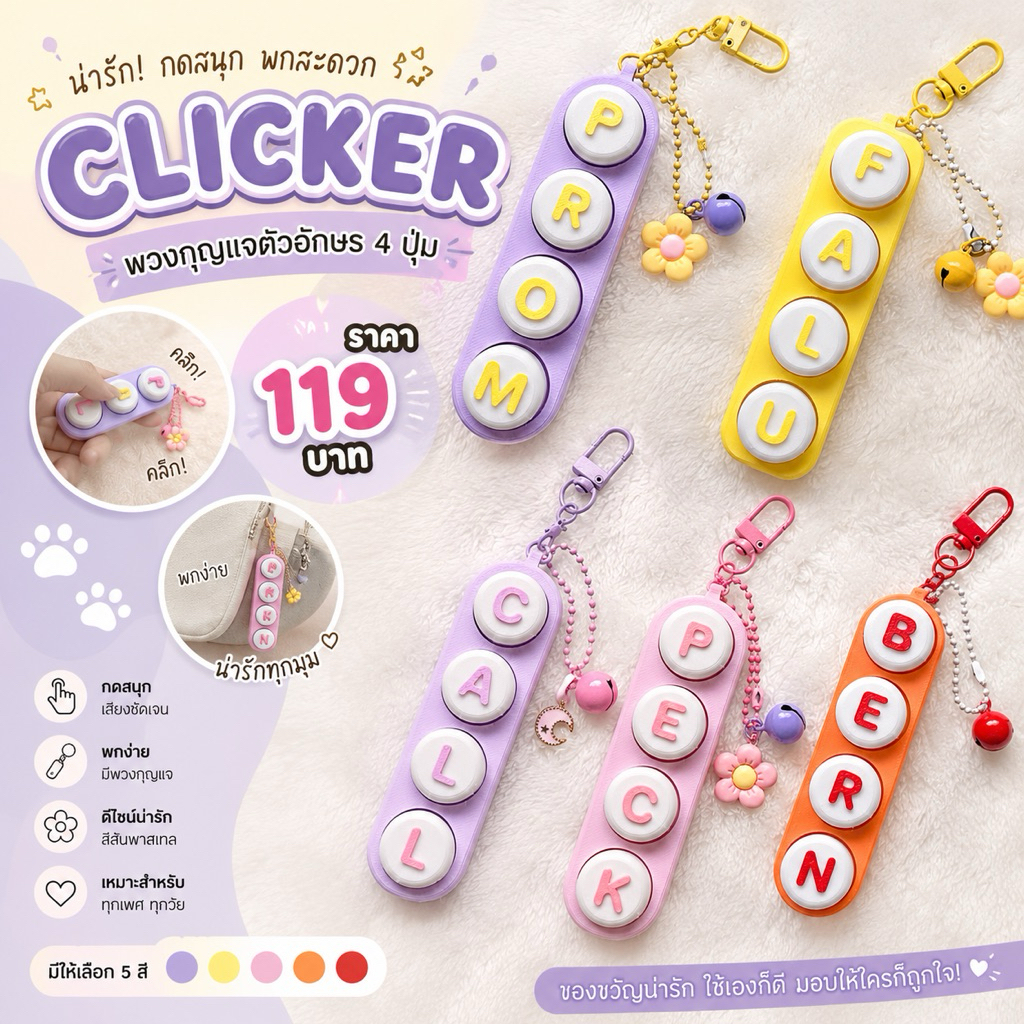พวงกุญแจ Clicker 4 อักษร พร้อมจี้สุดน่ารัก