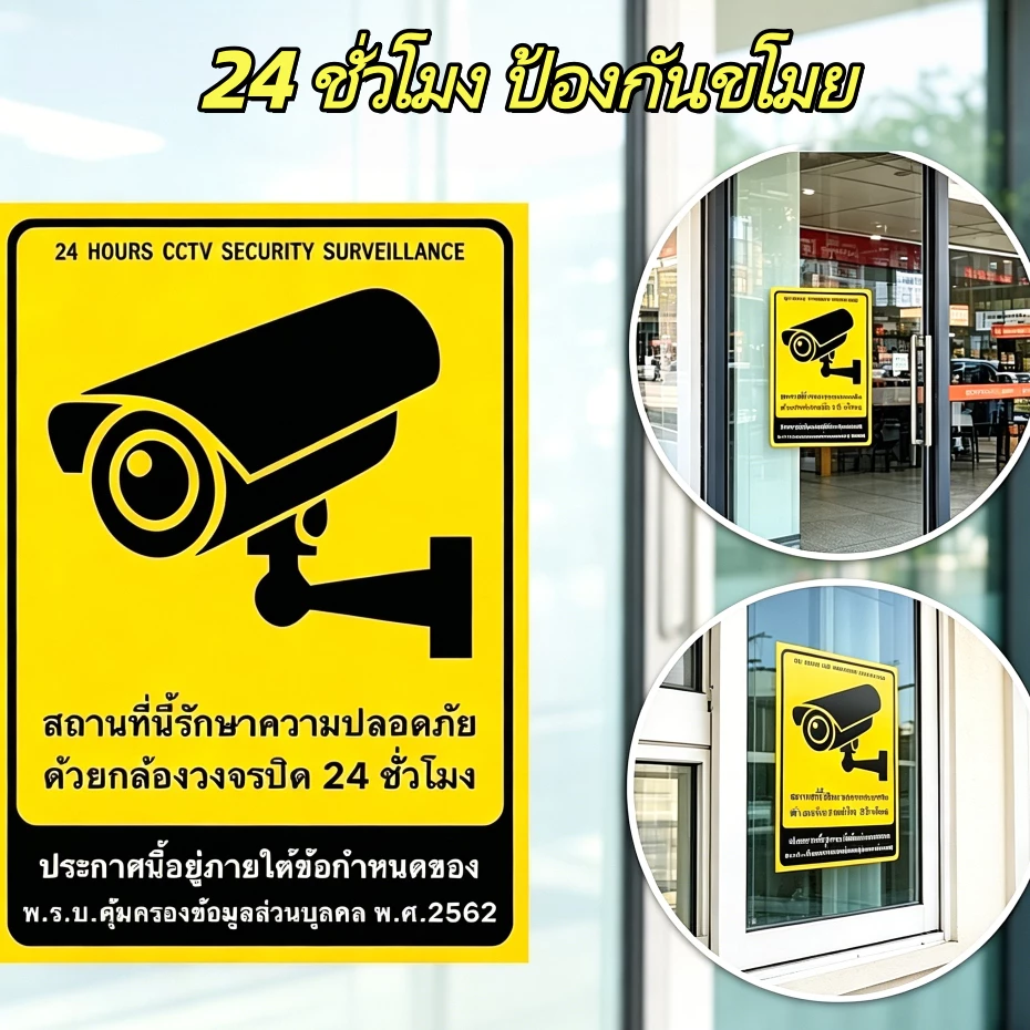 สติกเกอร์ป้ายกล้องวงจรปิด 24 ชม. PVC กันน้ำ ทนแดด ทนทาน เคลือบกันรอย มี 5 ขนาดให้เลือก มองเห็นชัด ติดผนังประตู พร้อมส่ง