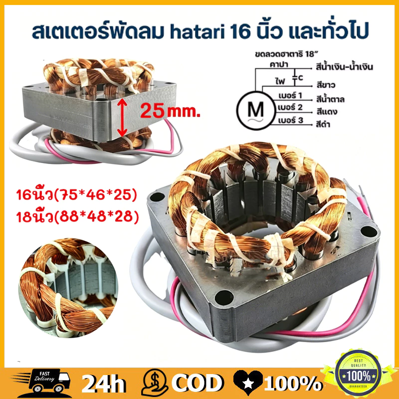 ใช้ได้กับ สเตเตอร์พัดลม ตั้งพื้น HATARI ฮาตาริ 16" นิ้ว รู 46mm หนา 25mm (เหลี่ยม) มีเทอร์โมฟิวส์ สายออกหน้า อะไหล่พัดลม
