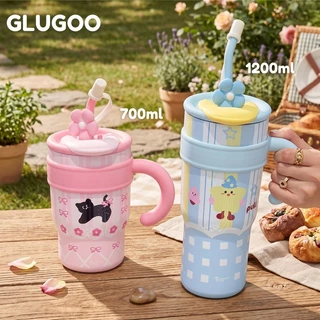 GLUGOO แก้วเก็บความเย็น แก้วน้ํา แก้วสแตนเลส แก้วทนความร้อนมีหูจับ ดีไซน์การ์ตูนน่ารัก 700/1200ml
