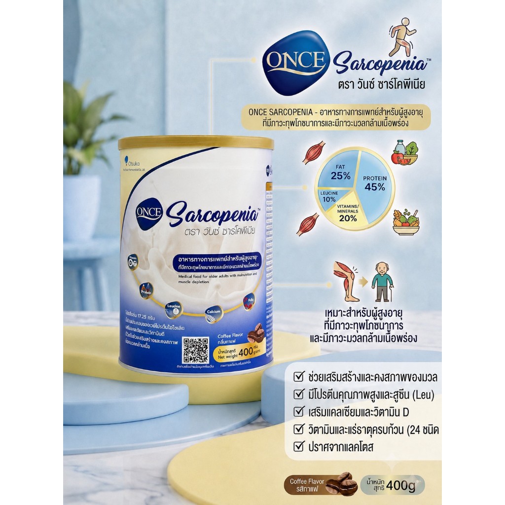 Once Sarcopenia อาหารทางการแพทย์สำหรับผู้สูงอายุกล้ามเนื้ออ่อนแรง ขนาด 400 กรัม รสกาแฟ