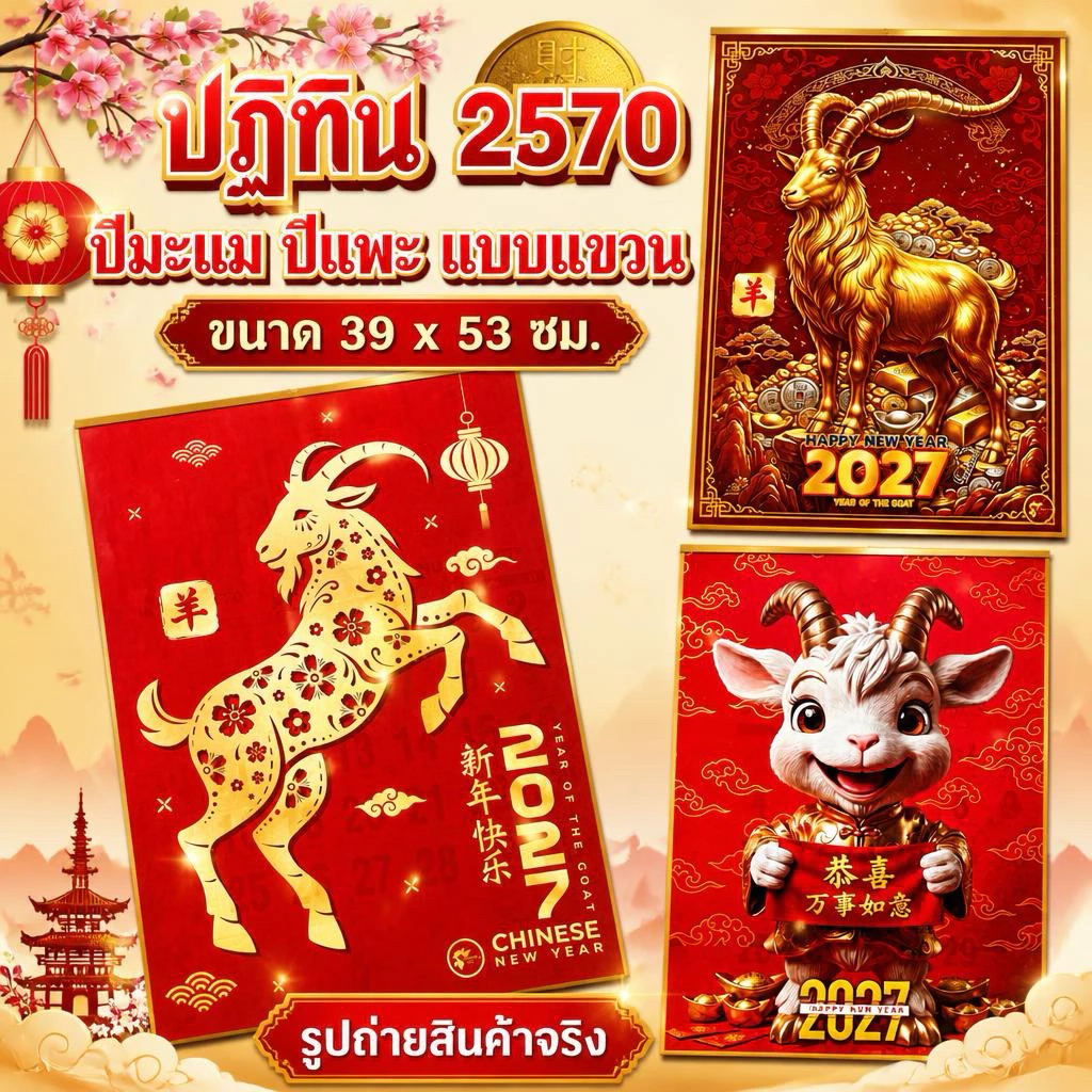 ปฏิทินปีมะแม 2570 (แบบแขวน) ปีแพะทอง มีหลายแบบให้เลือก ขนาด 39 x 53 ซม. สีสดสวย บอกวันสำคัญครบ