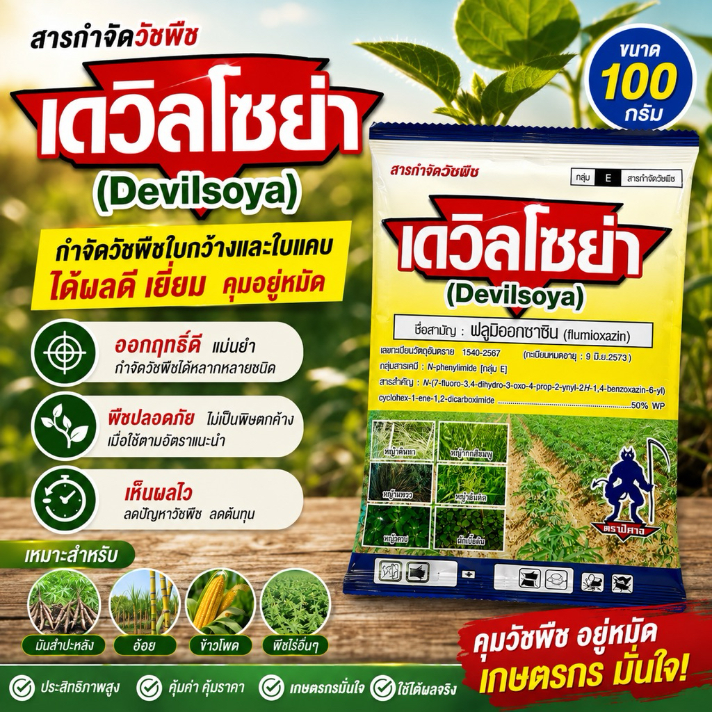 ฟลูมิออกซาซิน 50% WP สารกำจัดวัชพืช กำจัดวัชพืชใบกว้างและใบแคบ ขนาด 100 กรัม