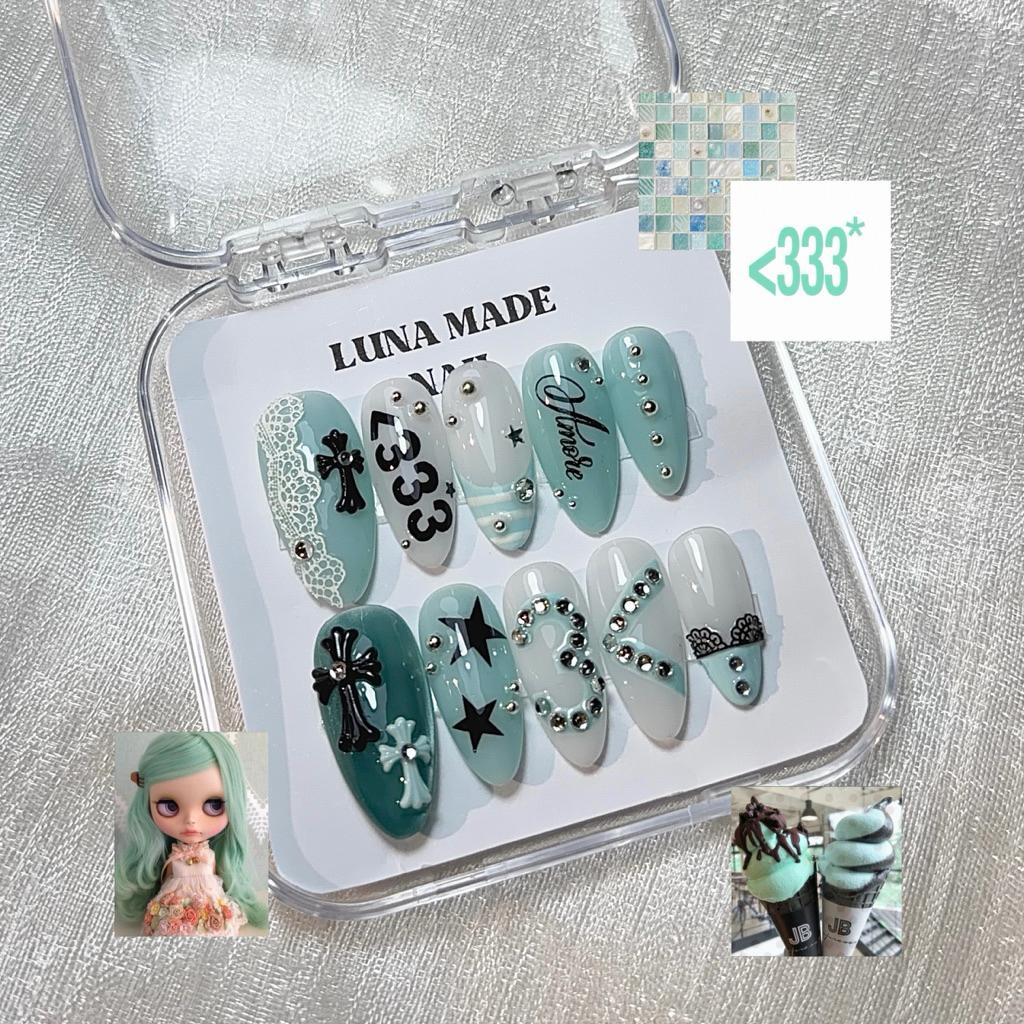 Lunamade : เล็บเจลปลอมเกาหลี  มิ้นท์ mint chromeheart <333  🍵🥑🍈