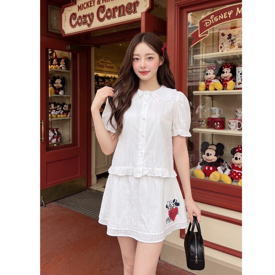 (มีถึง3XL) Maria Diamond สีขาว Corner White Set เซ็ต 2 ชิ้น ผ้าคอตตอนลูกไม้ เสื้อคอบัวกระดุมหน้า + กระโปรงงานปัก มีซับใน
