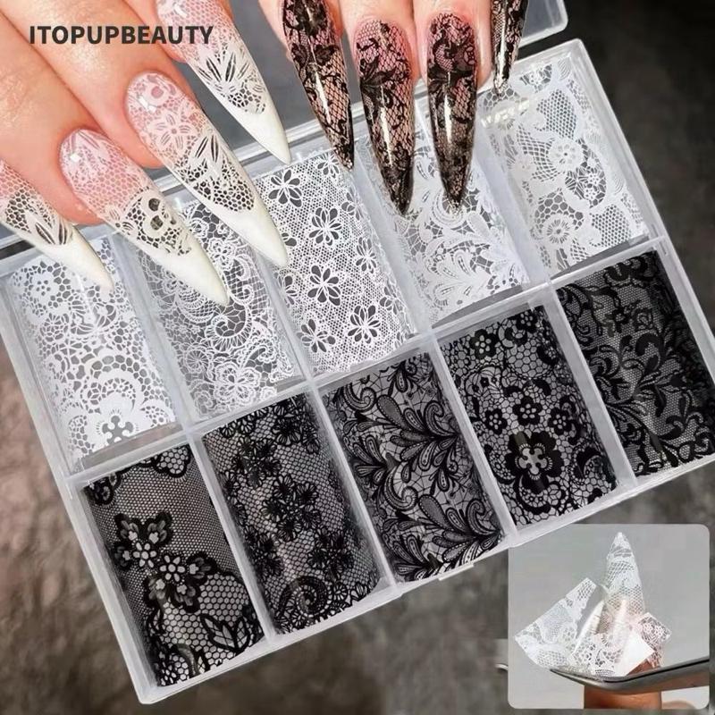 ฟอยล์เล็บลายลูกไม้ ขาว-ดำ / ลายดอกไม้    Nail Lace Foil