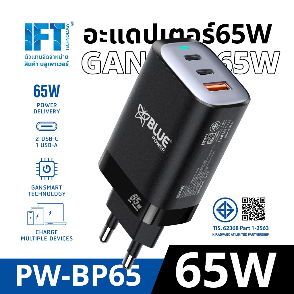 อะแดปเตอร์ 65W เทคโนโลยี GAN ปลอดภัยมาตรฐาน มอก. ชาร์จได้หลายอุปกรณ์พร้อมกัน