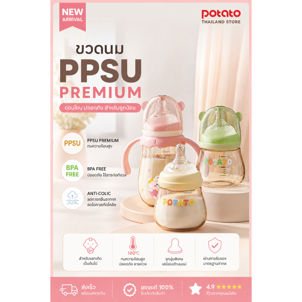 ขวดนม Potatoสีชา PPSU คอกว้างพร้อมจุกนมซิลิโคน สำหรับ เด็ก 0-3 เดือน ขนาด 160ml (5oz)