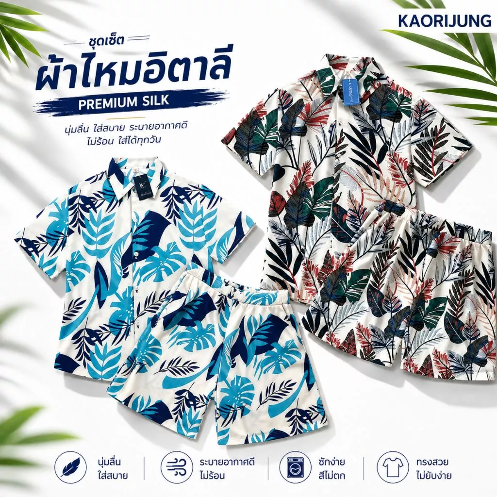 ชุดเซ็ท เสื้อพร้อมกางเกง พิมพ์ลายพร้อมส่ง ผ้าไหมอิตาลี ผ้าเรียบ ลื่น ทิ้งตัว ระบายอากาศได้ดี S388