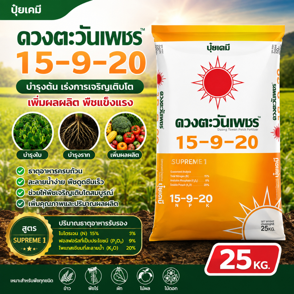 ปุ๋ยคอมปาวด์สูตร 15-9-20  ขนาด 25 kg #เกษตรเมืองราช #ดวงตะวันเพชร